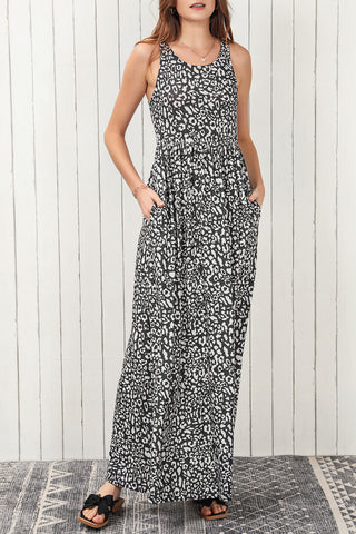 Rose Leopard Print Pocketed Sleeveless Maxi Dress