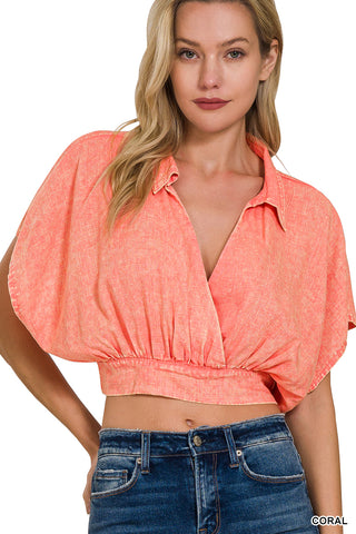 Coral Linen Cropped Top