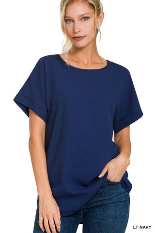 Woven Rolled Sleeve Boat Neck Top in Navy