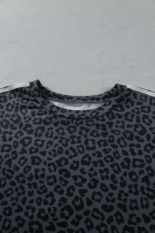 Gray Leopard Print Bracelet Sleeve Top Plus Size Loose Pants Set