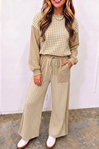 Brown Color Block Plaid Patchwork Long Sleeve Pullover Wide Leg Pant Set