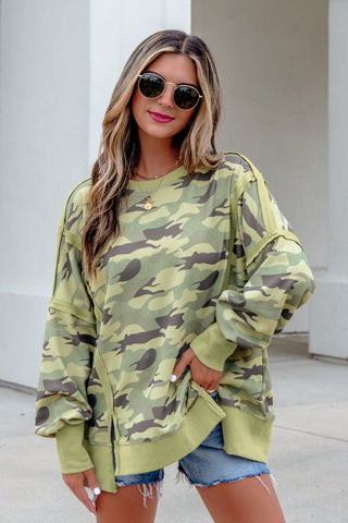 Green Camouflage Waffle Knit Raw Edge Contrast Trim Oversized Long Sleeve Top