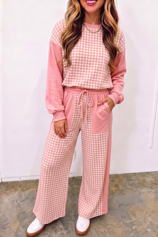Brown Color Block Plaid Patchwork Long Sleeve Pullover Wide Leg Pant Set