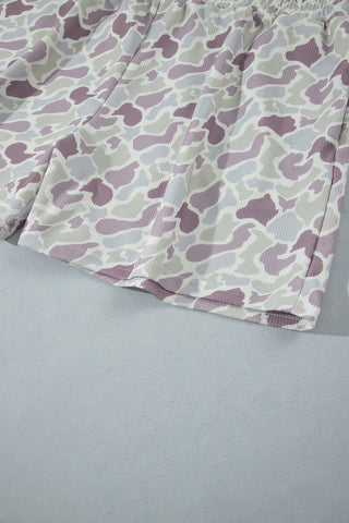 Green Camouflage Print Waffle Textured Pullover and Shorts Plus Size 2pcs Set
