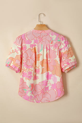 Pink Floral Print Button Down Pintuck Short Sleeve Shirt