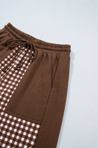 Brown Color Block Plaid Patchwork Long Sleeve Pullover Wide Leg Pant Set