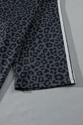 Gray Leopard Print Bracelet Sleeve Top Plus Size Loose Pants Set