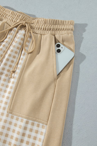 Brown Color Block Plaid Patchwork Long Sleeve Pullover Wide Leg Pant Set