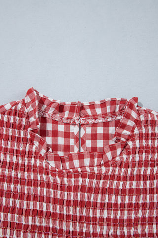 Red 3/4 Sleeve Shirred Plaid Peplum Top