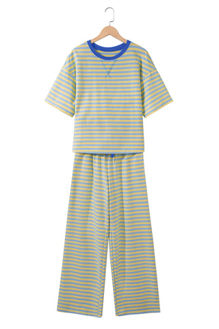 Pink Stripe Colorblock Trim Crew Neck Loose Tee Drawstring Elastic Waist 2pcs Pant Set