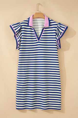 Dark Blue Striped Shift Dress Colorblock V Neck Short Sleeve Casual Summer
