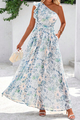 Sky Blue Floral Print Ruffled One Shoulder Vacation Maxi Dress