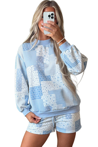 Light Pink Patchwork Floral Print Drop Shoulder Baggy Pullover Drawstring Shorts Set