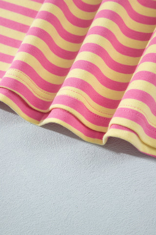 Pink Stripe Colorblock Trim Crew Neck Loose Tee Drawstring Elastic Waist 2pcs Pant Set