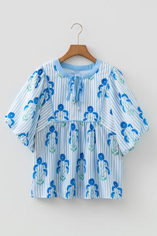 Sky Blue Floral Print Tie Neck Puff Sleeve Blouse