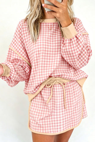 Brown Gingham Oversized Ribbed Trim Crew Neck Long Sleeve Top and Skort Set