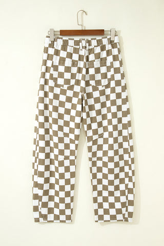 White Checkered Print Denim Barrel Pants