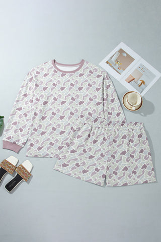 Green Camouflage Print Waffle Textured Pullover and Shorts Plus Size 2pcs Set