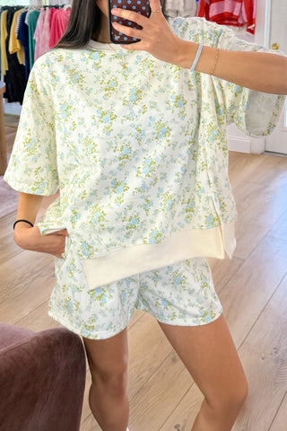 Sky Blue Floral Print Short Sleeve Elastic Waist Pocket Two Piece Set