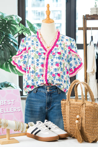 Rose Floral Print Ruffle V-Neck Short Sleeve Loose Tunic Shirt