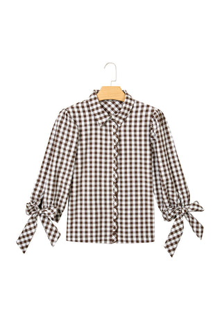 Brown Plaid Knot Half Sleeve Button Down Shirt