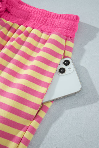 Pink Stripe Colorblock Trim Crew Neck Loose Tee Drawstring Elastic Waist 2pcs Pant Set