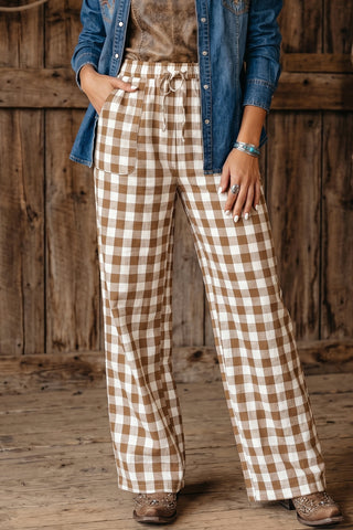 Brown Gingham Plaid Tie Elastic Waist Shift Pants