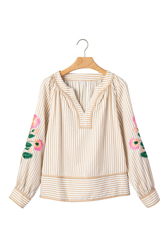 Khaki Stripe V Neck Floral Embroidered Long Sleeve Blouse