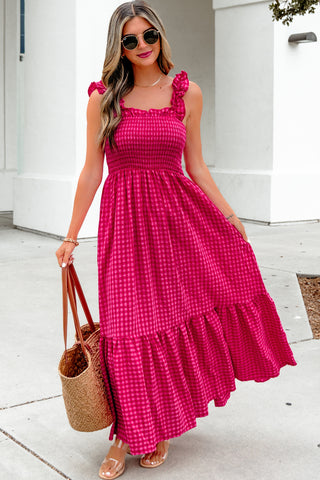 Red Plaid Square Neck Fit-and-flared Vacation Sundress