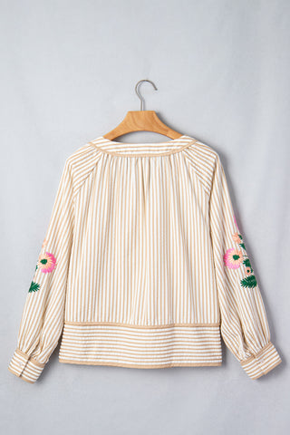 Khaki Stripe V Neck Floral Embroidered Long Sleeve Blouse