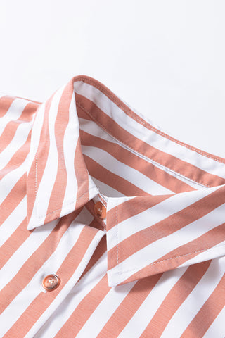 Khaki Stripe Collar Button Front Bracelet Sleeve Ruffle Hem Shirt