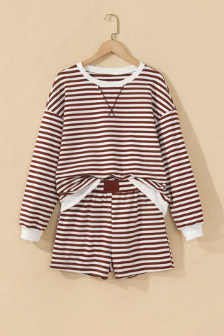 Grapefruit Orange Drop Shoulder Long Sleeve Pullover Elastic Waist Casual Short Set