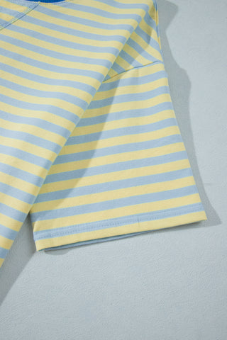 Pink Stripe Colorblock Trim Crew Neck Loose Tee Drawstring Elastic Waist 2pcs Pant Set