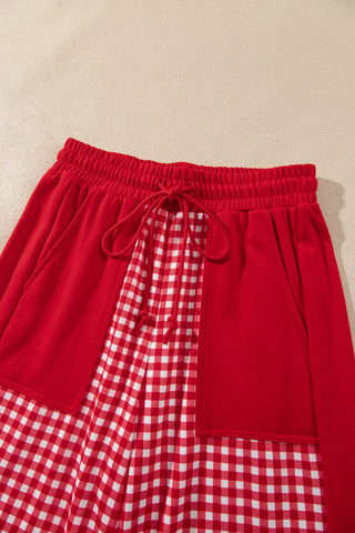 Brown Color Block Plaid Patchwork Long Sleeve Pullover Wide Leg Pant Set