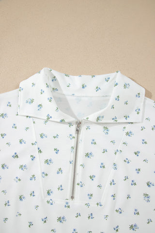 White Floral Print Half Zip Top Matching Short Set