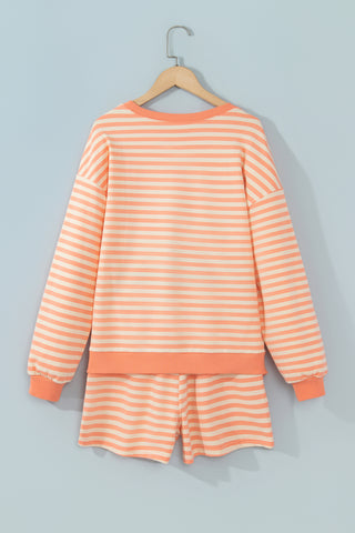 Grapefruit Orange Drop Shoulder Long Sleeve Pullover Elastic Waist Casual Short Set