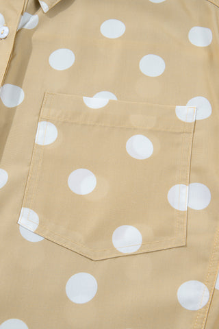 White Polka Dot Print Three Quarter Sleeve Ruffle Hem Casual Shirt