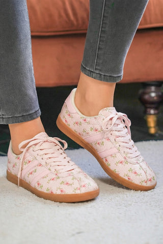 Light Blue Floral Print Lace-up PU Leather Flat Shoes