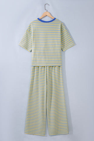 Pink Stripe Colorblock Trim Crew Neck Loose Tee Drawstring Elastic Waist 2pcs Pant Set