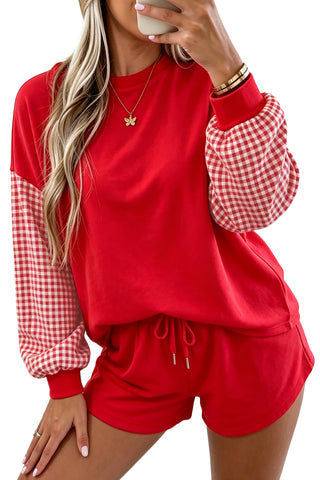 Red Plaid Patchwork Long Sleeve Top Solid Drawstring Shorts Set