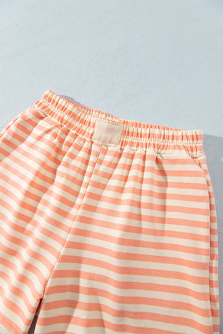 Grapefruit Orange Drop Shoulder Long Sleeve Pullover Elastic Waist Casual Short Set