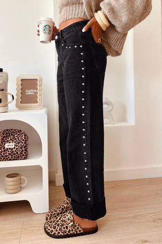 Coffee Studded Detail Straight Leg Casual Loose Jeans