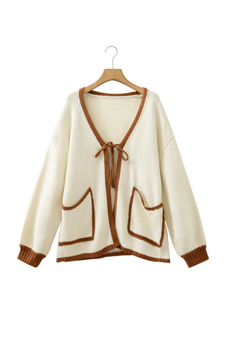 Apricot Contrast Trim V-Neck Tie Front Loose Sweater Cardigan