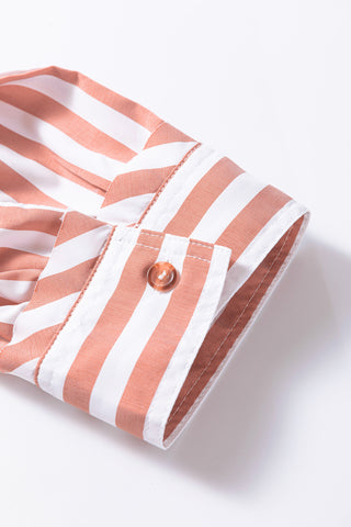 Khaki Stripe Collar Button Front Bracelet Sleeve Ruffle Hem Shirt