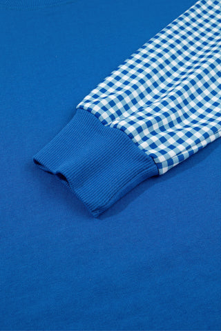 Blue Plaid Patchwork Long Sleeve Top Solid Drawstring Shorts Set