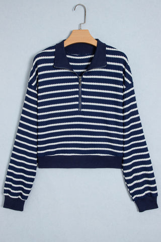 Blue Stripe Textured Knit Half Zip Collared Long Sleeve Top