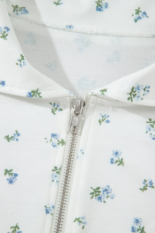 White Floral Print Half Zip Top Matching Short Set