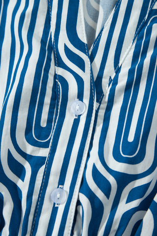 Blue Geometric Print Short Sleeve Drawstring Shirt Collar Dress