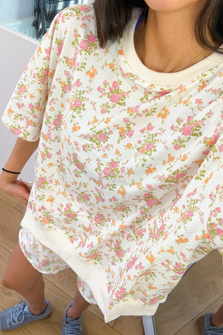 Sky Blue Floral Print Short Sleeve Elastic Waist Pocket Two Piece Set
