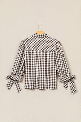 Brown Plaid Knot Half Sleeve Button Down Shirt